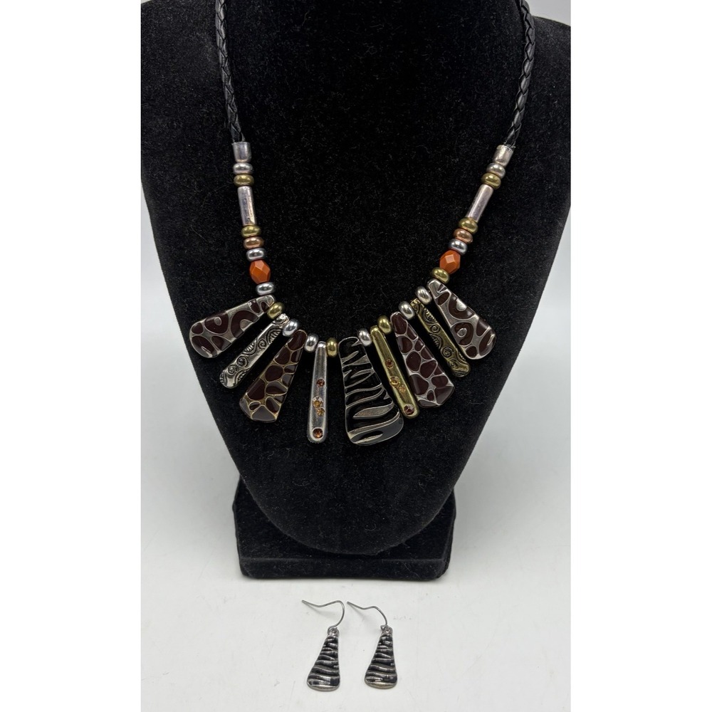 Vintage Safari Animal Print Necklace Panel Front Cord Tribal Matching Earrings